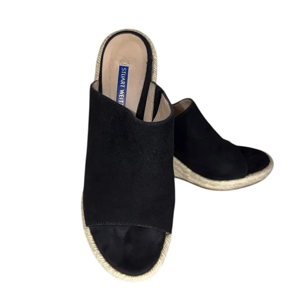 Stuart Weitzman Marbella Black Suede Espadrille Wedge Sandals Size 7.5 Like New